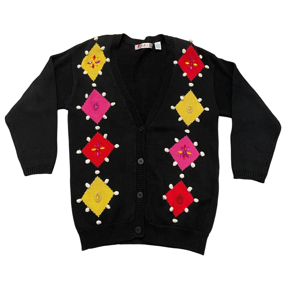 Vintage CHAUS Cardigan Sweater‎ Black Beaded Embellished Medium M EUC